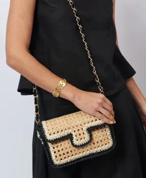 Ginevra Rattan and Raffia Bag Black and off-white