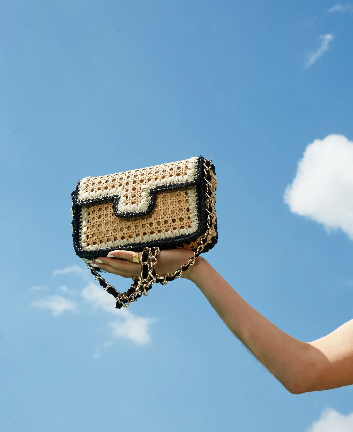 Ginevra Rattan and Raffia Bag Black and off-white