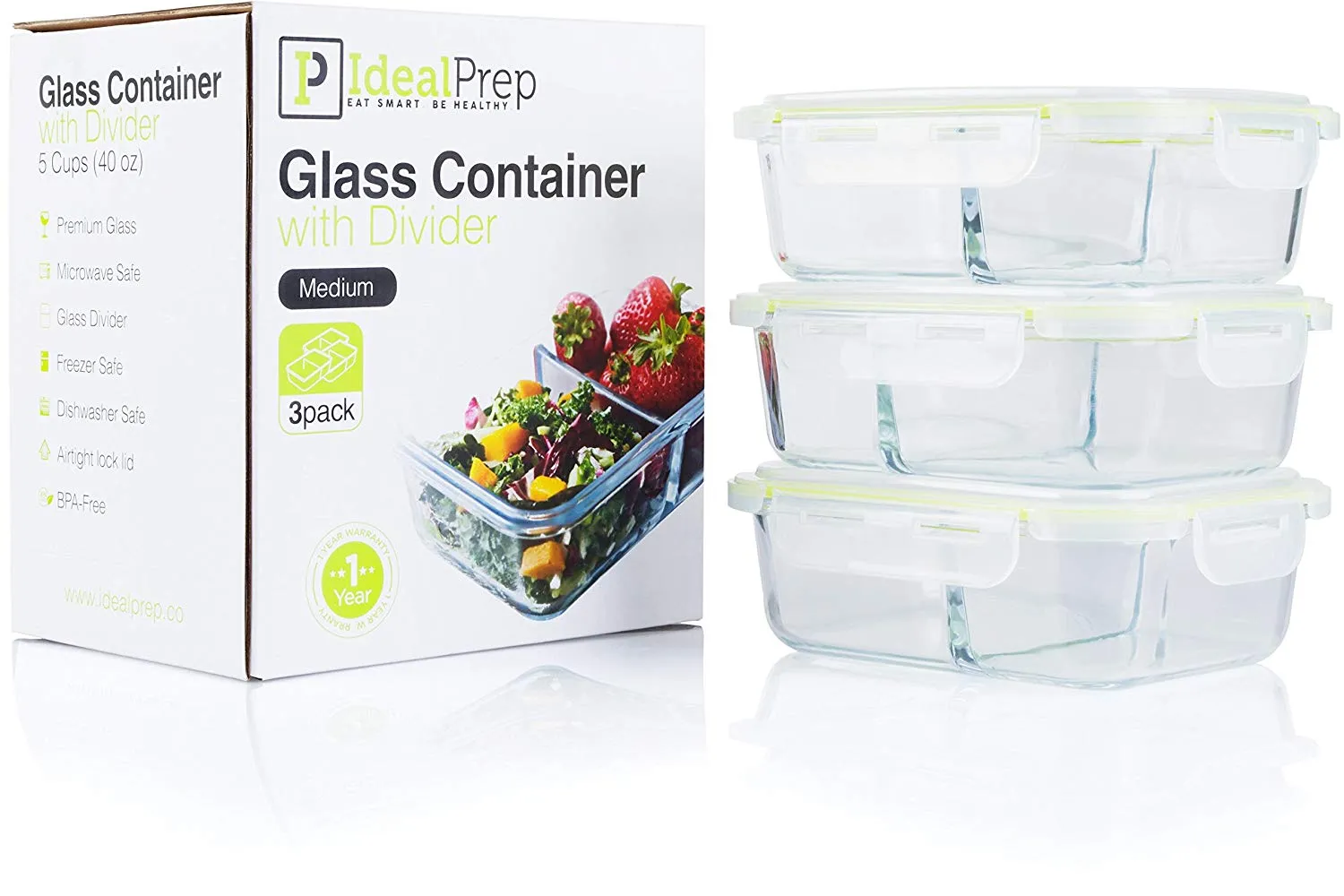 Glass Meal Prep Food Storage Containers Set – 2 Compartment Dishes with Extra High Divider - BPA Free, Microwavable, Perfect Portion Control Lunch Boxes - 3 Pack, Medium