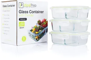 Glass Meal Prep Food Storage Containers Set – 2 Compartment Dishes with Extra High Divider - BPA Free, Microwavable, Perfect Portion Control Lunch Boxes - 3 Pack, Medium