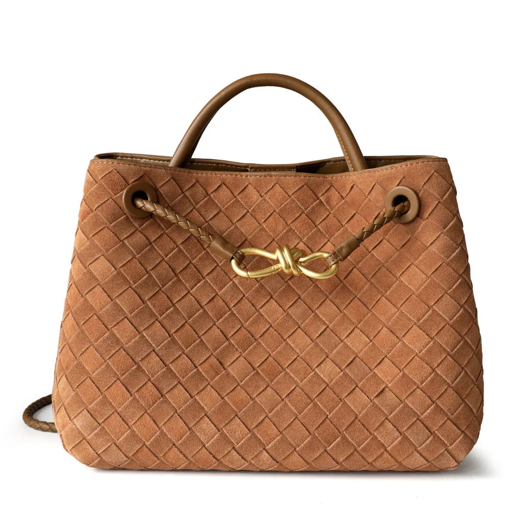 Gold Bow Suede Leather Woven Tote Bag