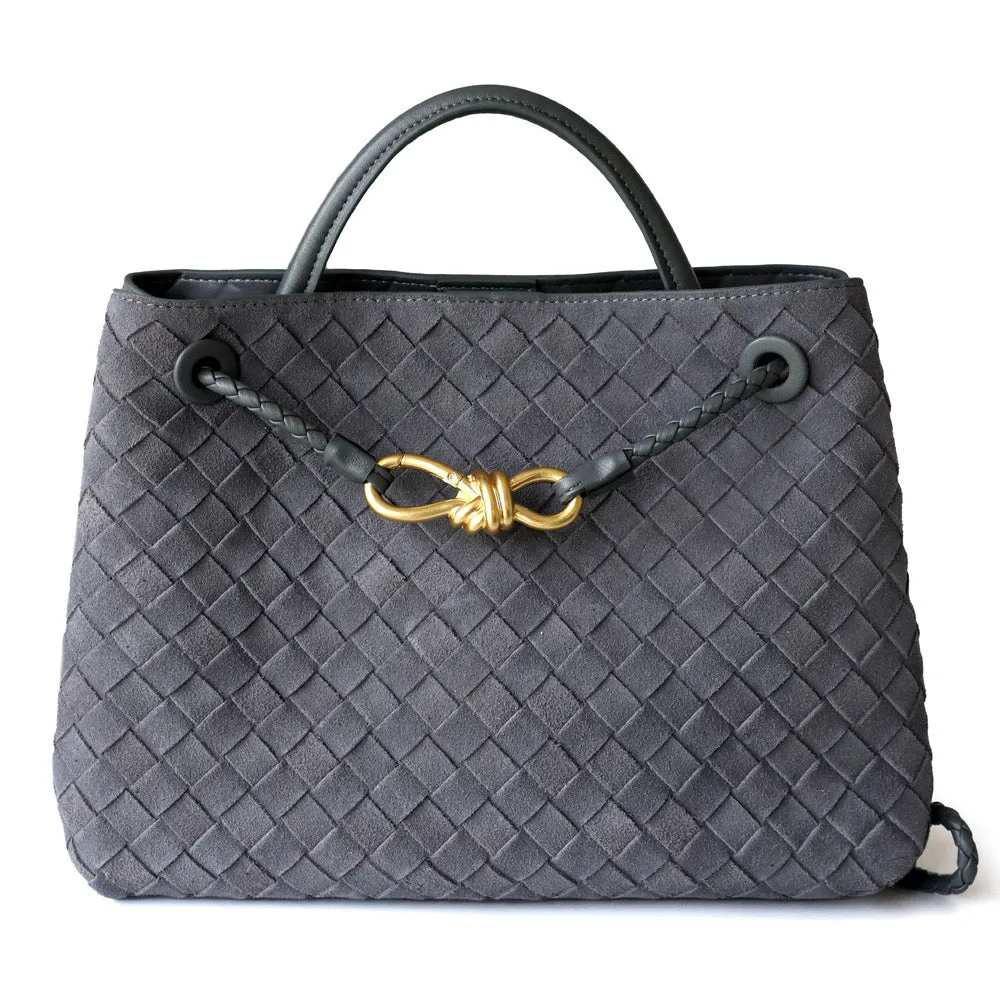 Gold Bow Suede Leather Woven Tote Bag