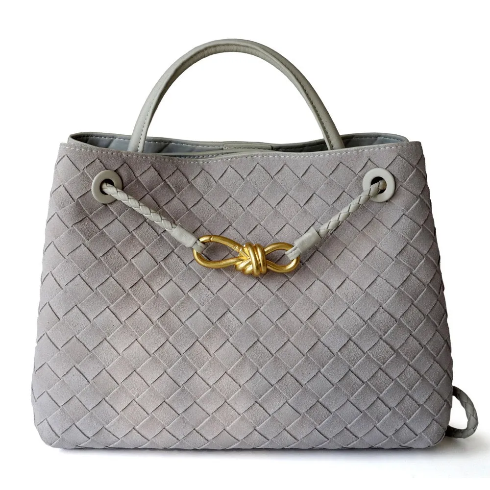 Gold Bow Suede Leather Woven Tote Bag