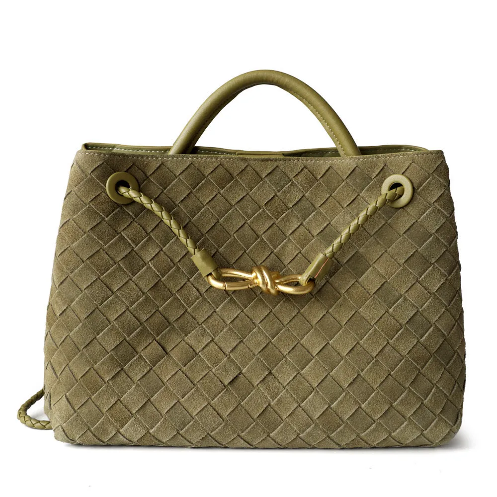 Gold Bow Suede Leather Woven Tote Bag