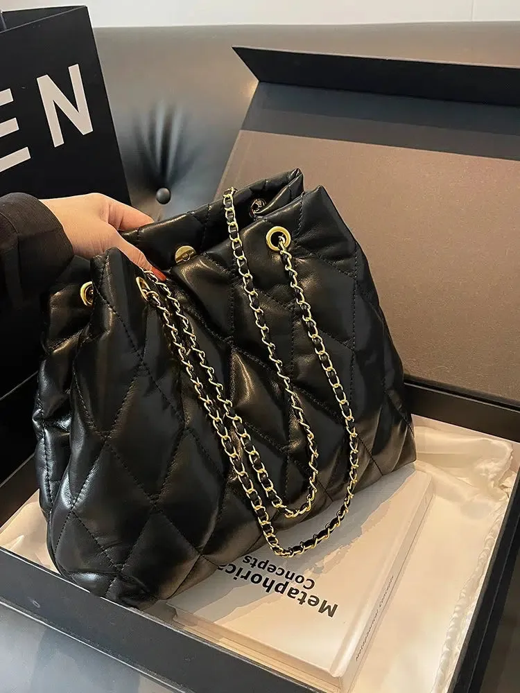 Gold Chain Strap Quilted Bucket Bag