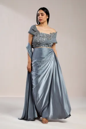 Grey Corset Pearl Embroidered Blouse With Drape Saree