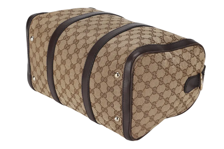 GUCCI GG SUPREME CANVAS BROWN LEATHER BOSTON BAG (247205 525040) GOLD HARDWARE WITH STRAP&nbsp;