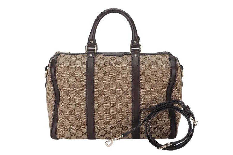 GUCCI GG SUPREME CANVAS BROWN LEATHER BOSTON BAG (247205 525040) GOLD HARDWARE WITH STRAP&nbsp;
