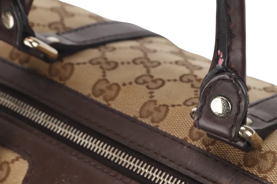 GUCCI GG SUPREME CANVAS BROWN LEATHER BOSTON BAG (247205 525040) GOLD HARDWARE WITH STRAP&nbsp;