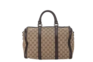 GUCCI GG SUPREME CANVAS BROWN LEATHER BOSTON BAG (247205 525040) GOLD HARDWARE WITH STRAP&nbsp;