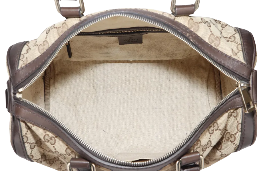 GUCCI GG SUPREME CANVAS BROWN LEATHER BOSTON BAG (247205 525040) GOLD HARDWARE WITH STRAP&nbsp;