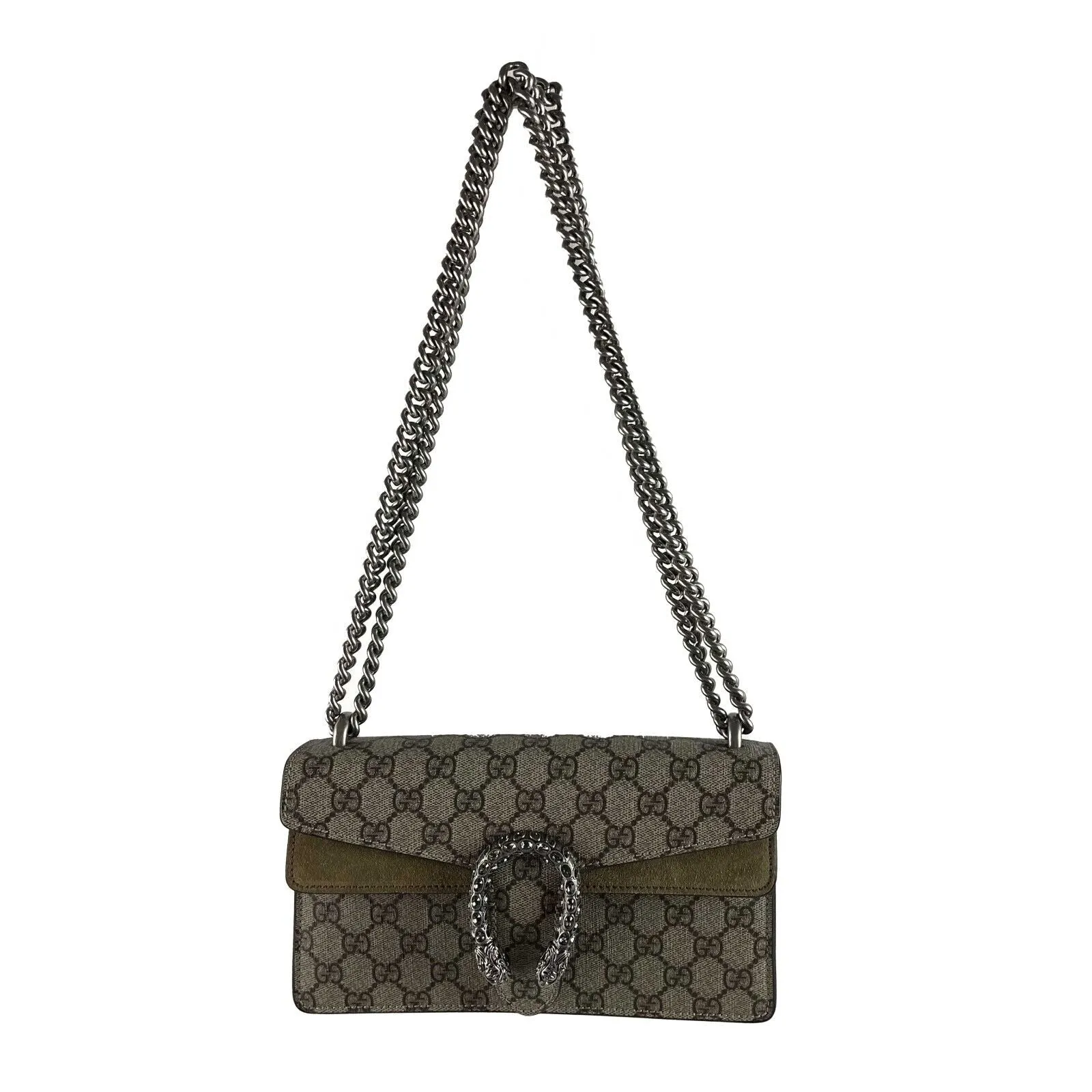 Gucci NWOT GG Supreme Monogram Suede Crystal Small Dionysus Brown Handbag