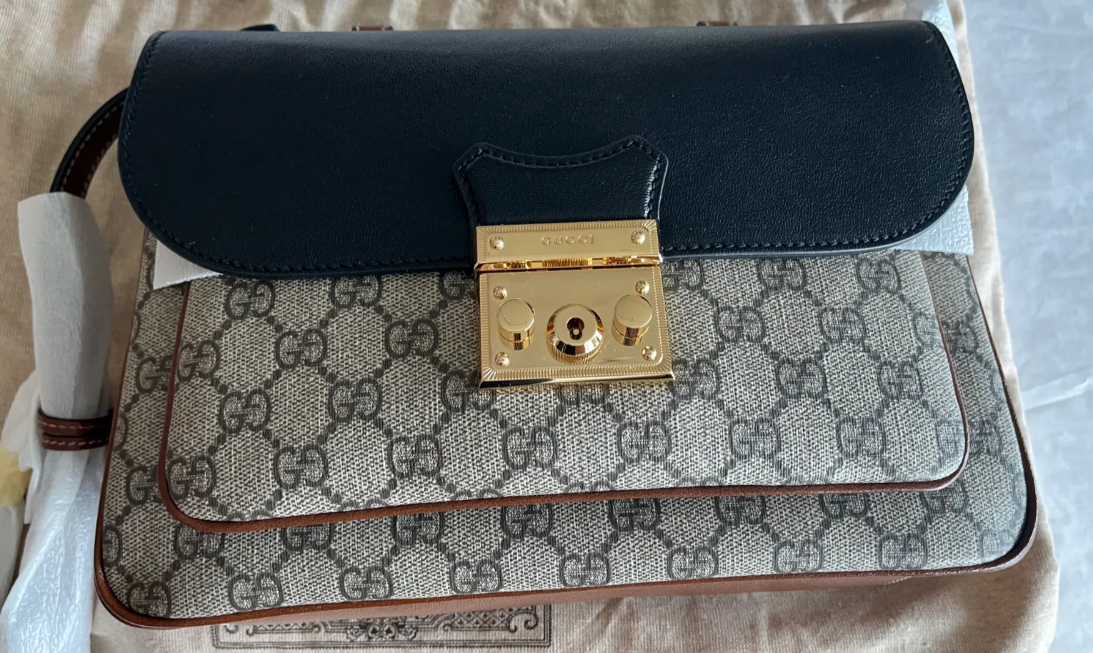 Gucci Tri Color Supreme Shoulder Bag Leather Handbag Gold Black Brown Purse NEW