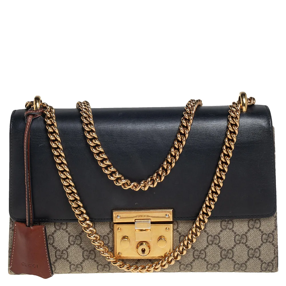 Gucci Tri Color Supreme Shoulder Bag Leather Handbag Gold Black Brown Purse NEW