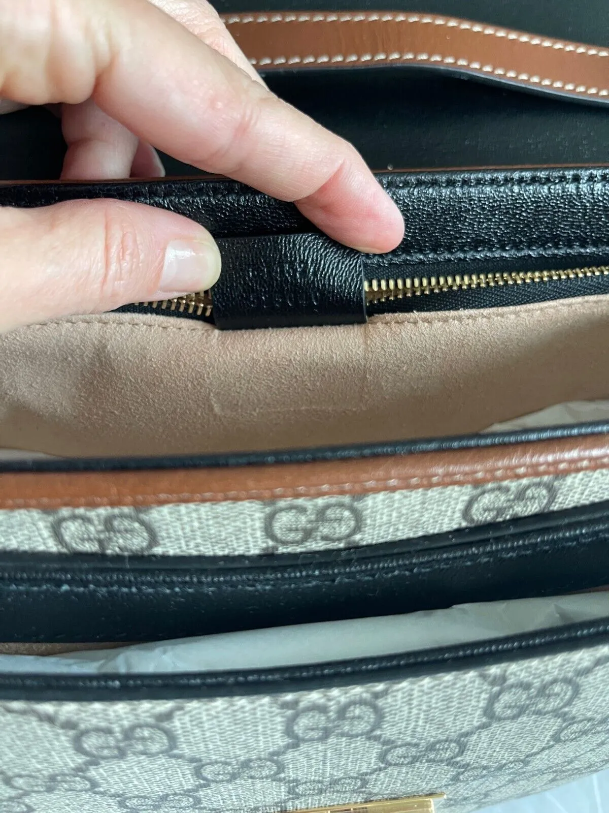 Gucci Tri Color Supreme Shoulder Bag Leather Handbag Gold Black Brown Purse NEW
