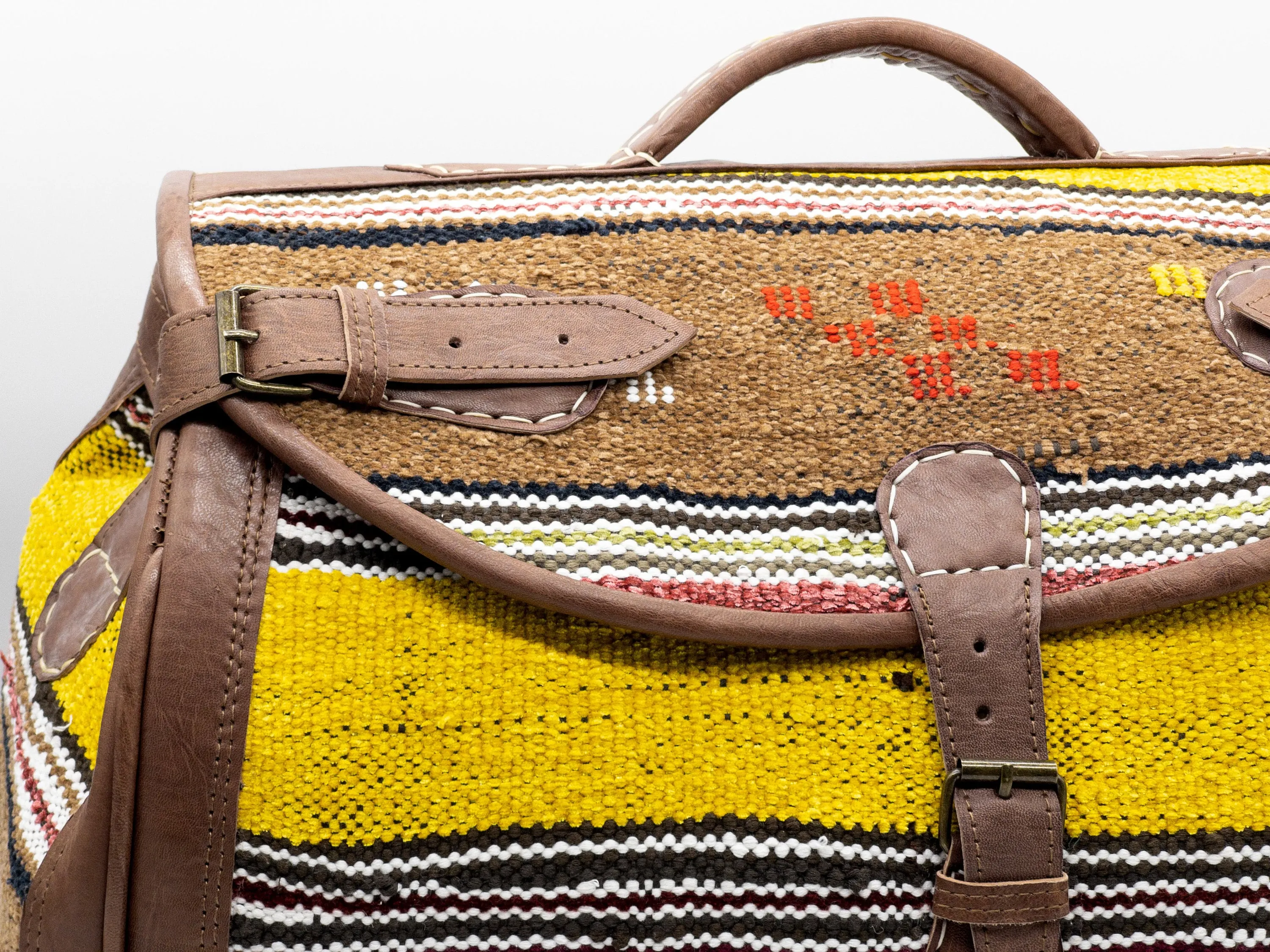 Handmade Moroccan Kilim Leather Weekender Bag - Vintage Bohemian Travel Duffel
