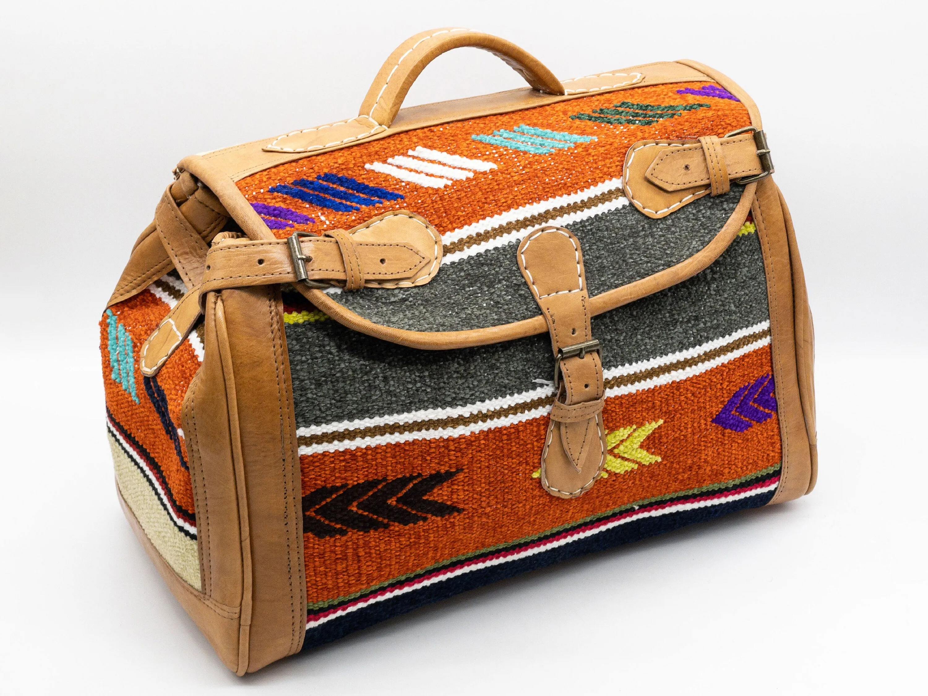 Handmade Moroccan Kilim Leather Weekender Bag - Vintage Bohemian Travel Duffel