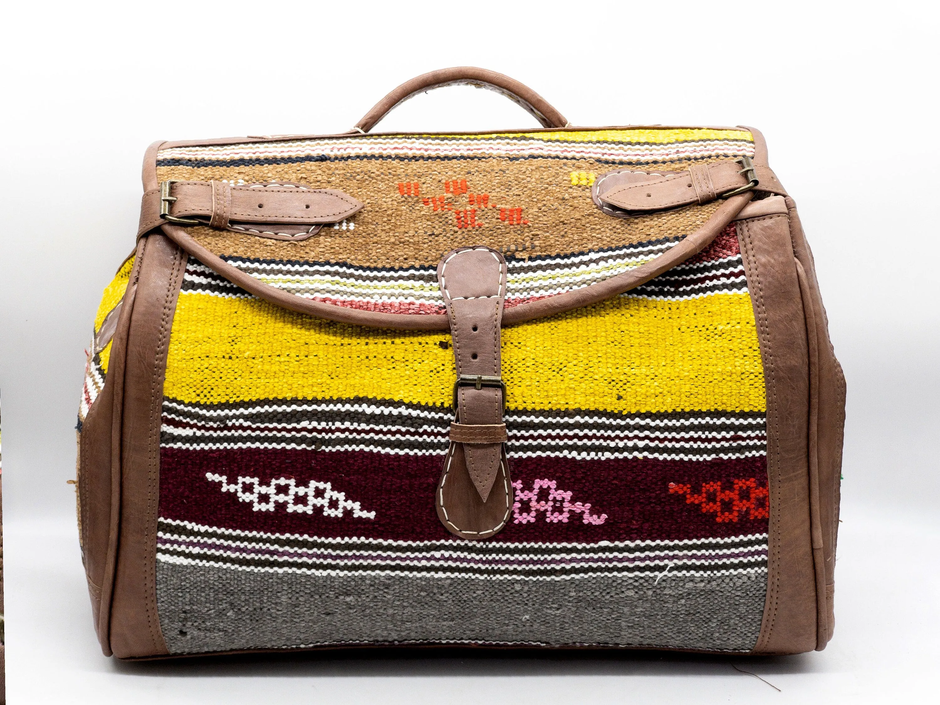Handmade Moroccan Kilim Leather Weekender Bag - Vintage Bohemian Travel Duffel