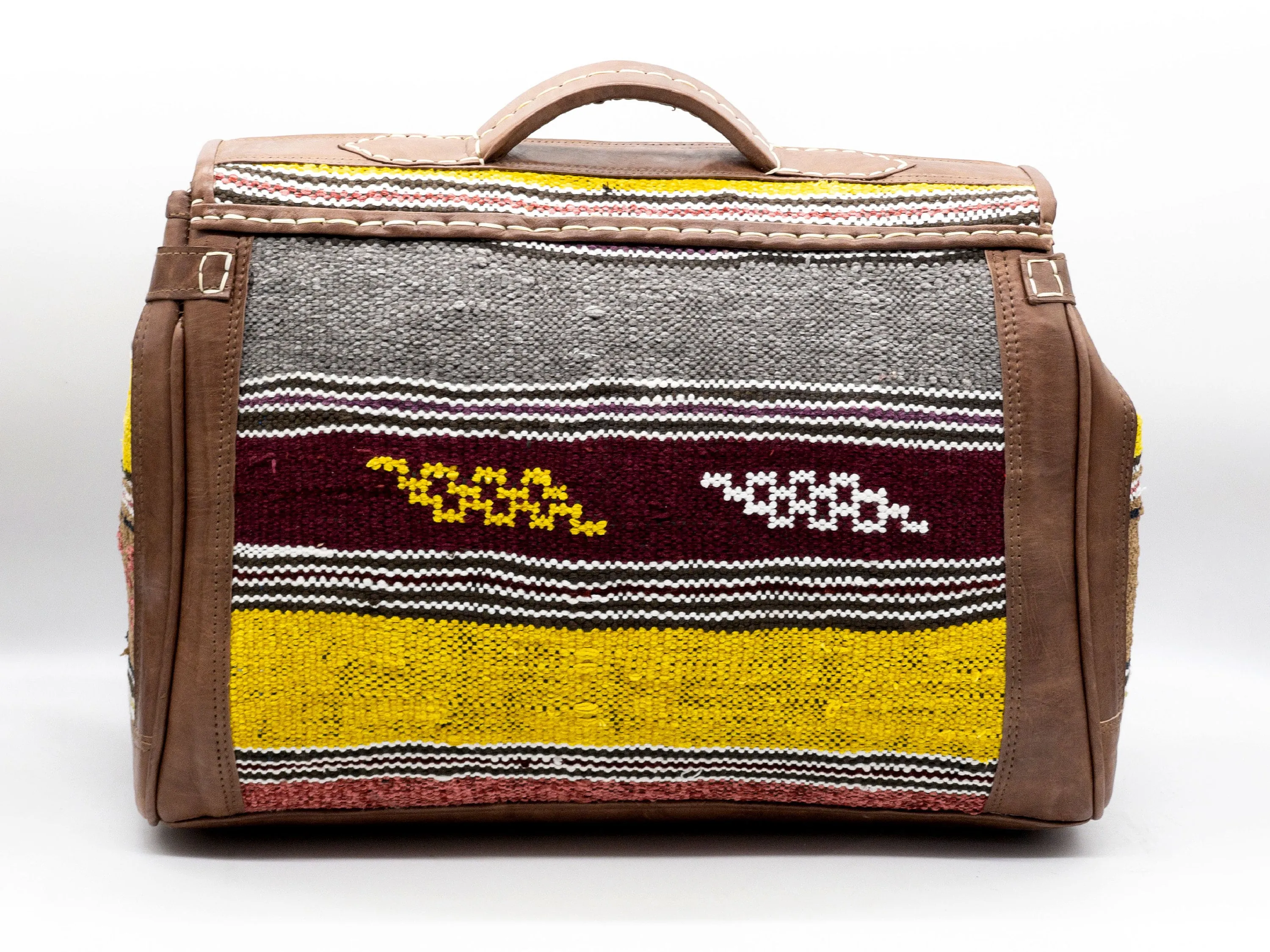 Handmade Moroccan Kilim Leather Weekender Bag - Vintage Bohemian Travel Duffel