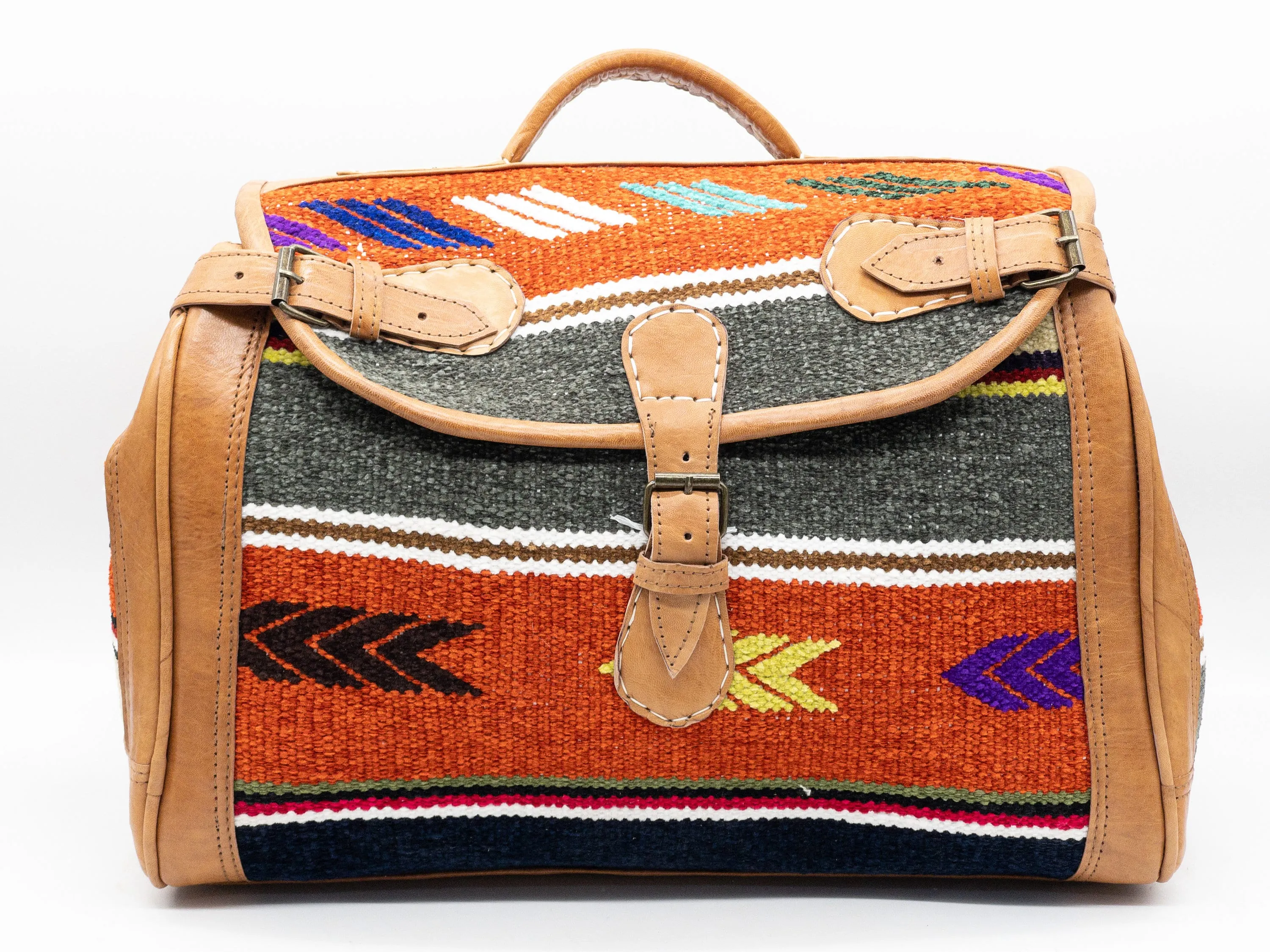 Handmade Moroccan Kilim Leather Weekender Bag - Vintage Bohemian Travel Duffel