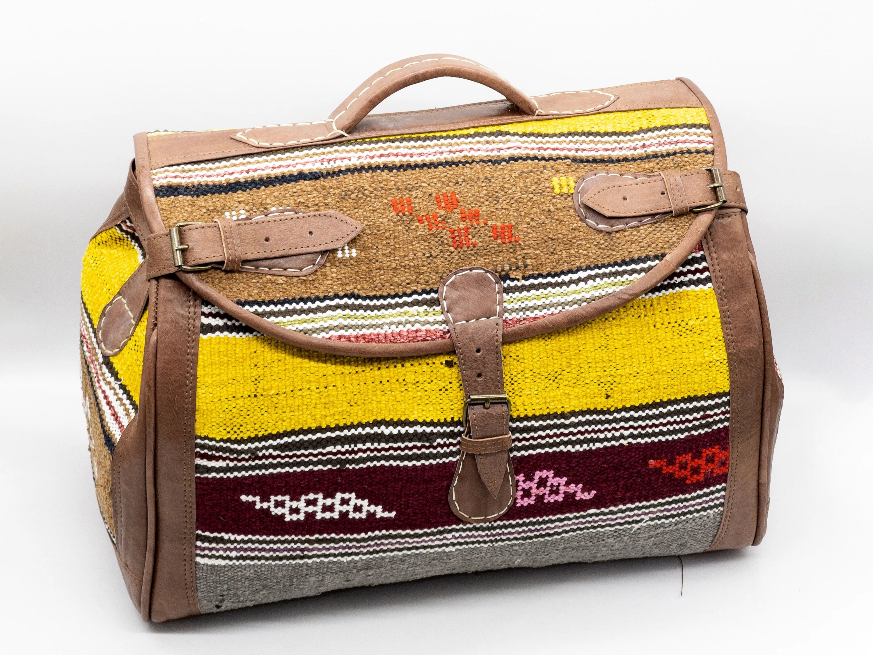 Handmade Moroccan Kilim Leather Weekender Bag - Vintage Bohemian Travel Duffel