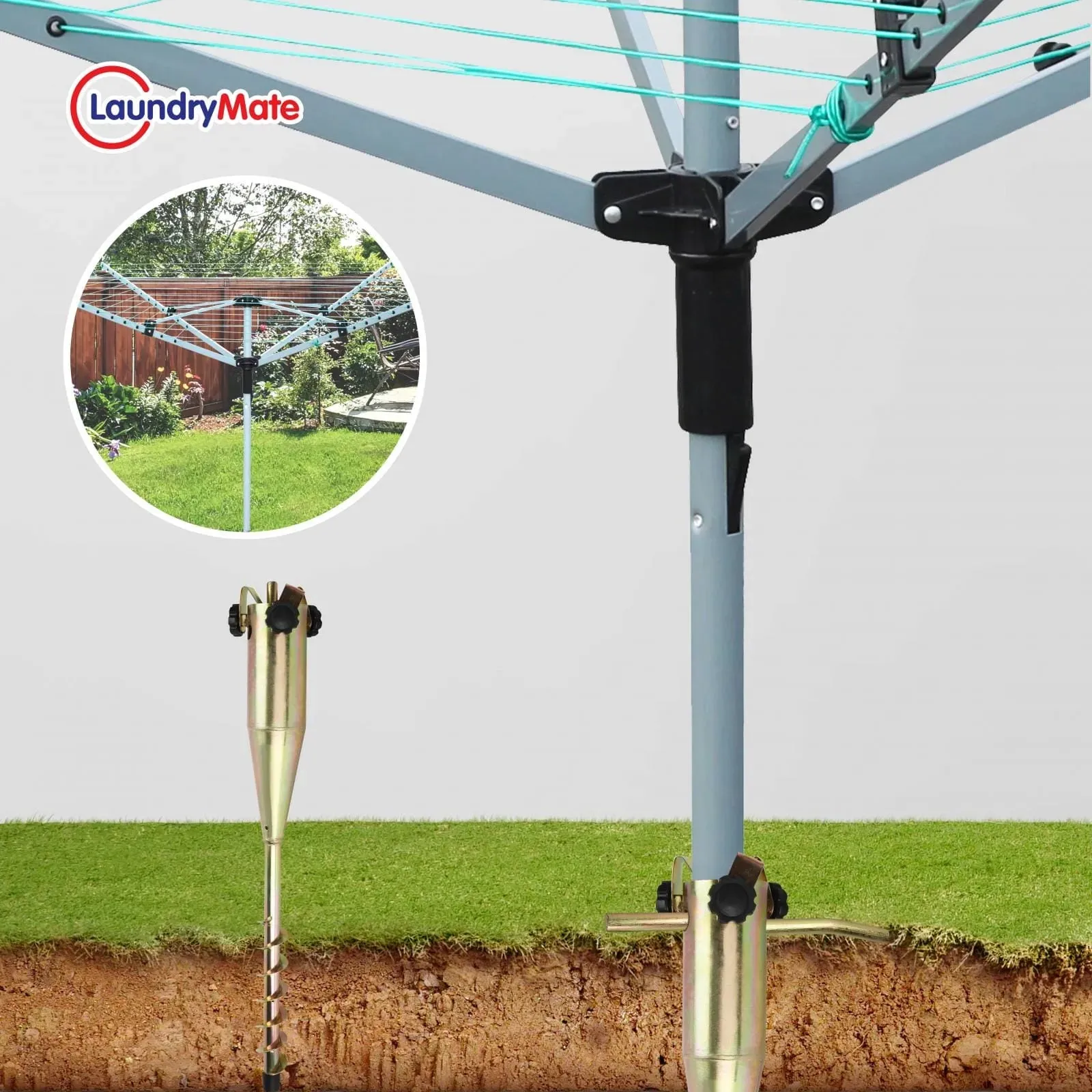 Heavy Duty Steel Ground Spike - Screw In - Parasol Airer Rotary Washing Line