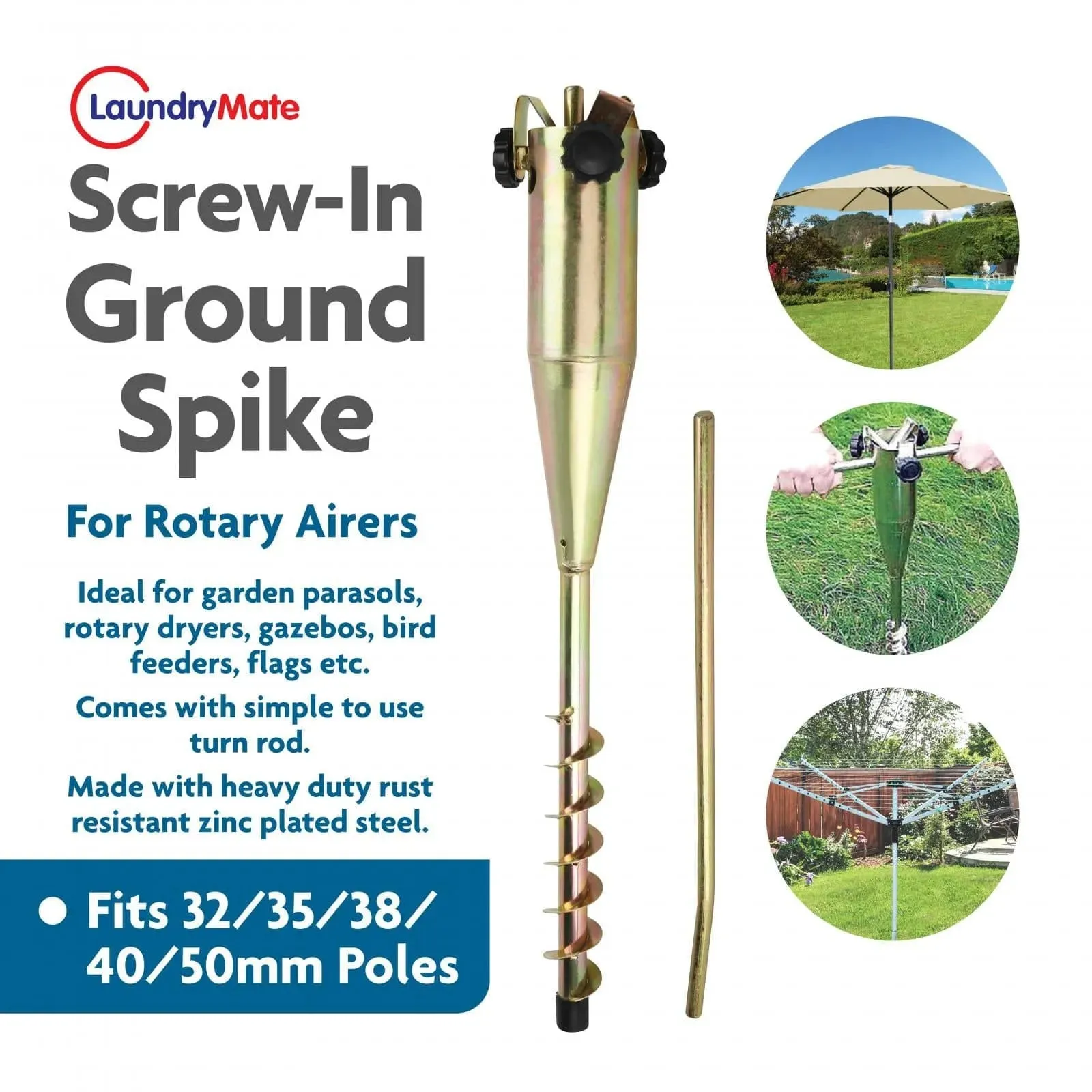Heavy Duty Steel Ground Spike - Screw In - Parasol Airer Rotary Washing Line