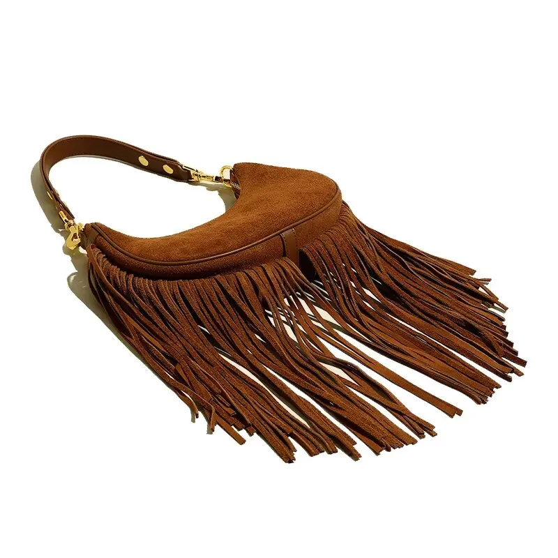 Hemi Tassel Fringed Suede Hobo Bag