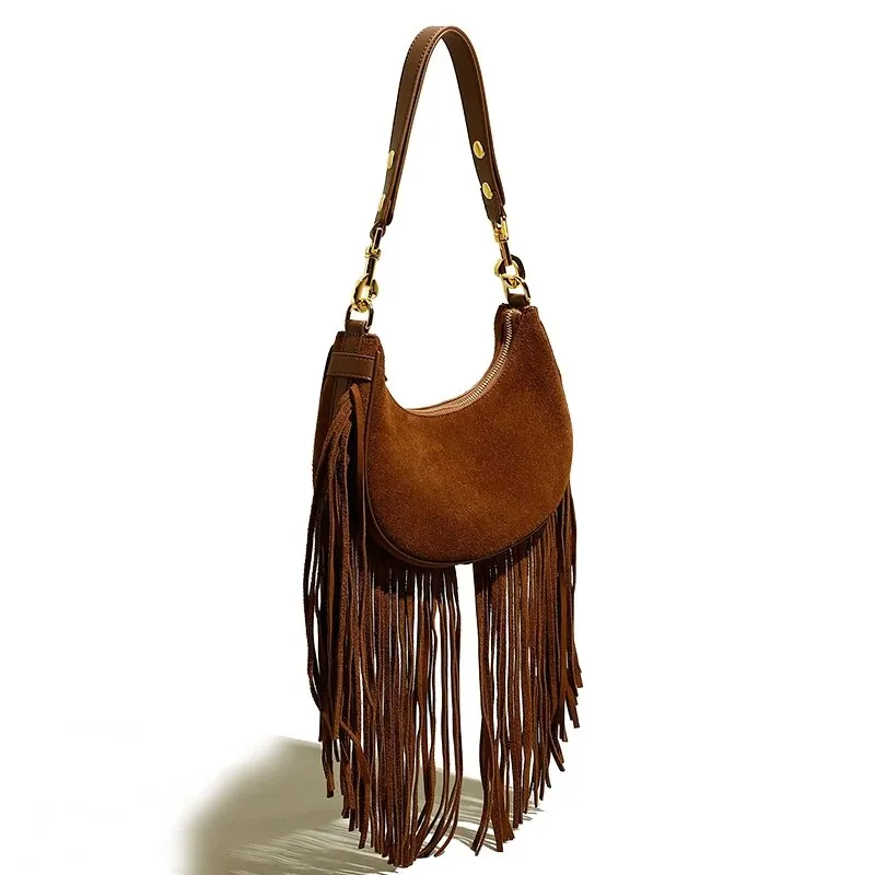 Hemi Tassel Fringed Suede Hobo Bag
