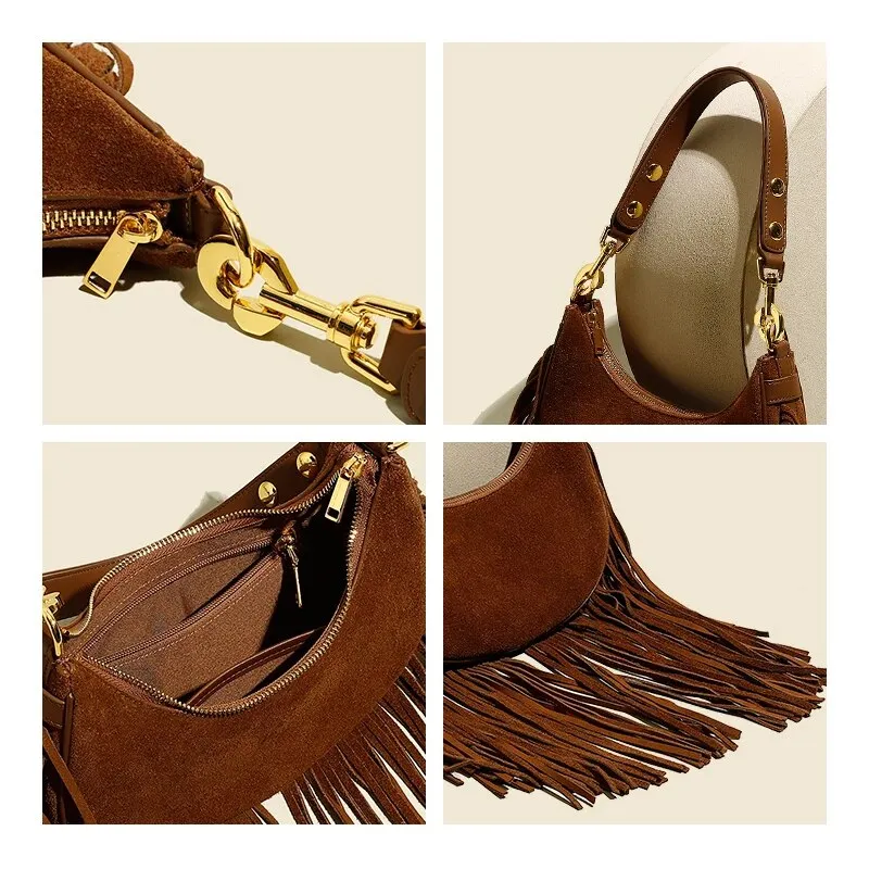 Hemi Tassel Fringed Suede Hobo Bag