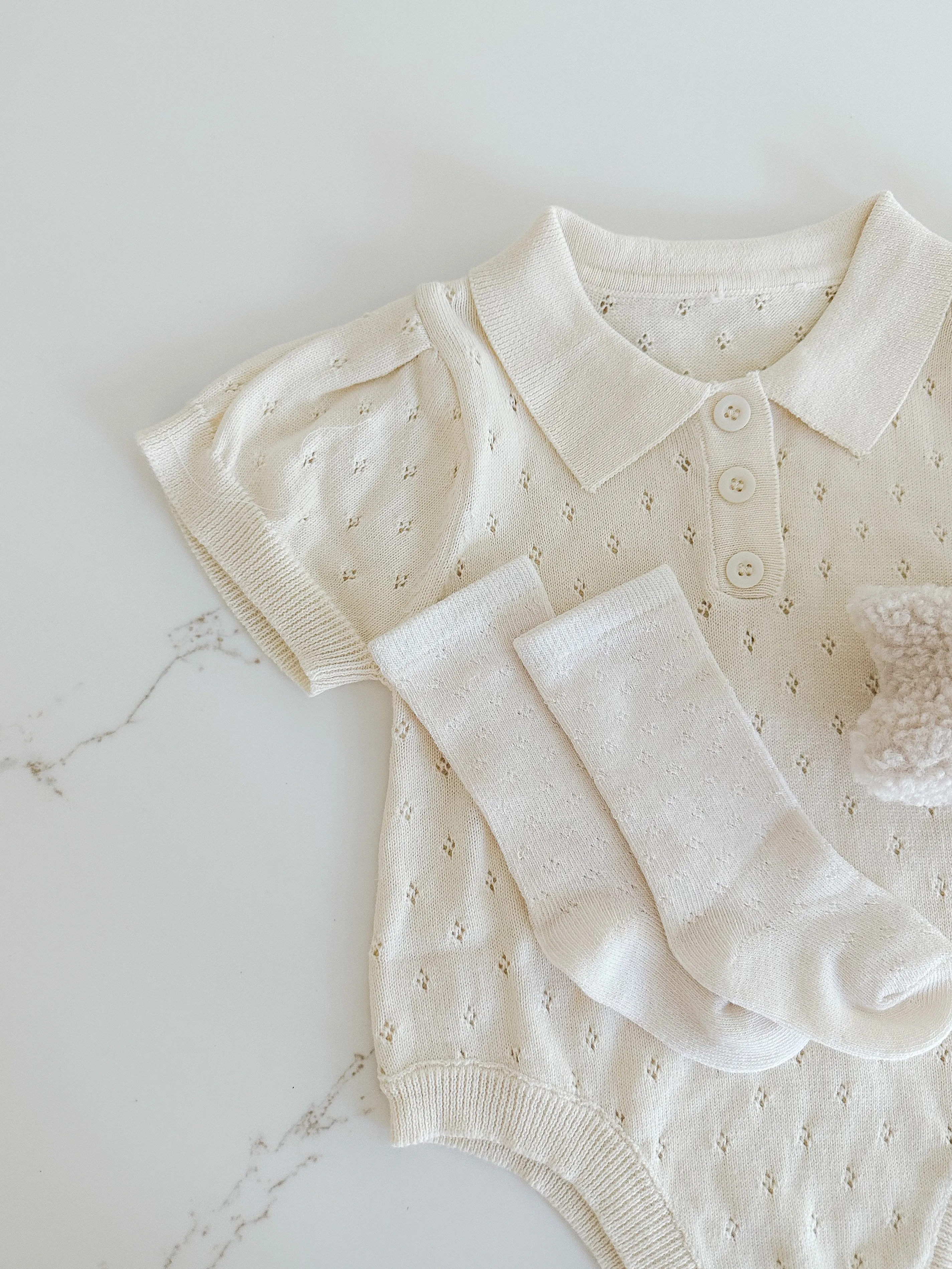 Hollow Out Knit Romper - Light Oat