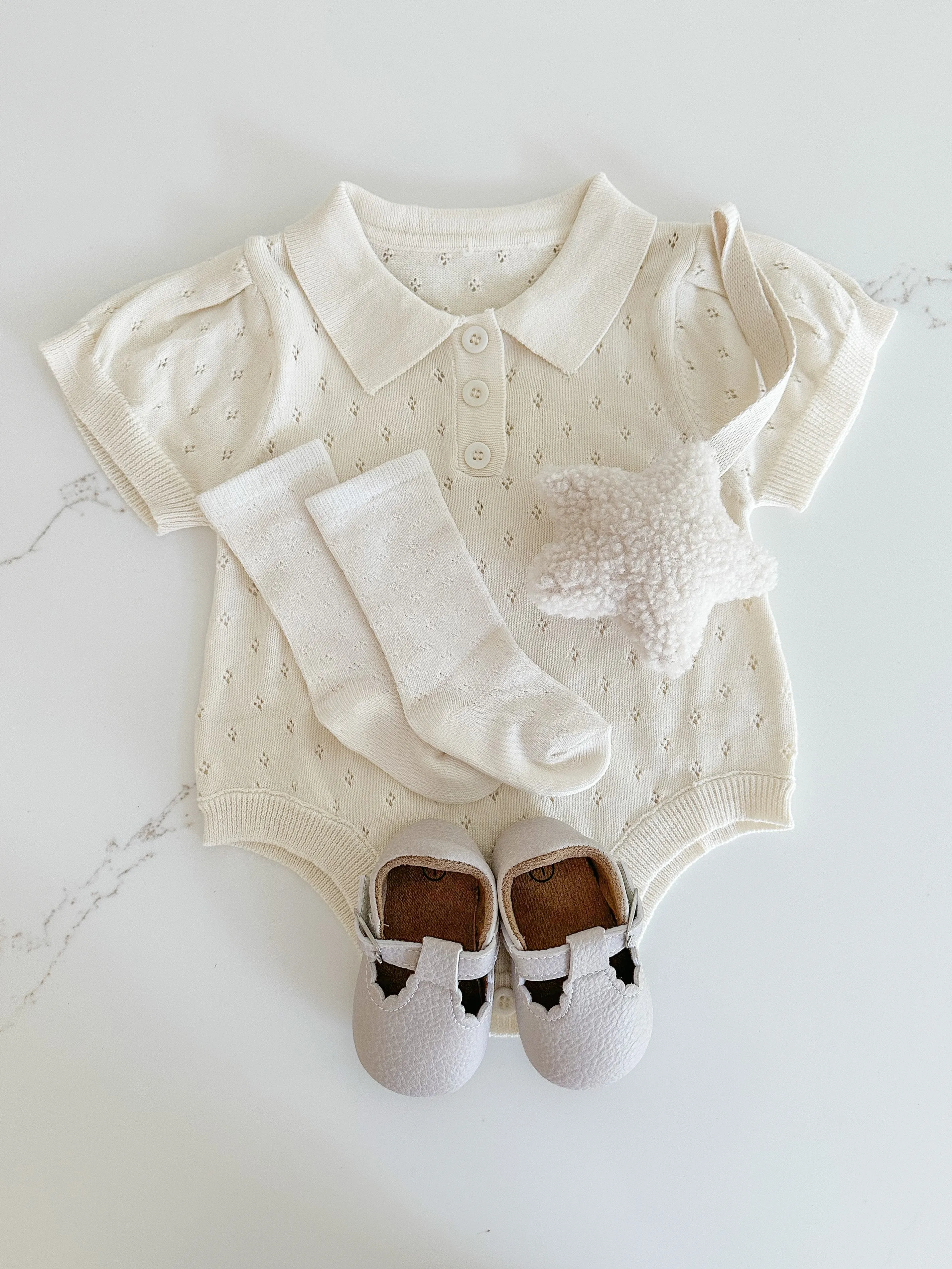 Hollow Out Knit Romper - Light Oat