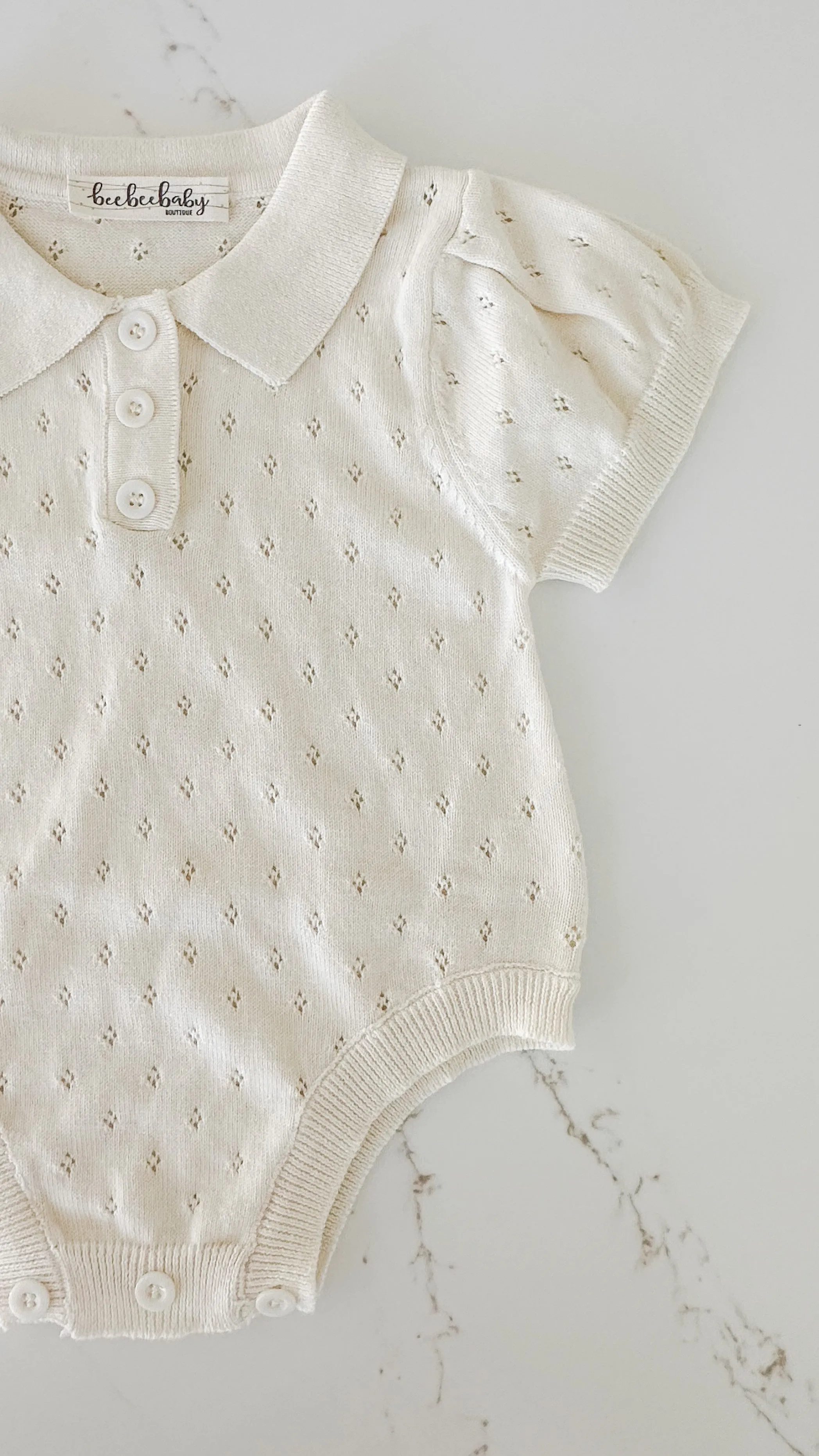 Hollow Out Knit Romper - Light Oat