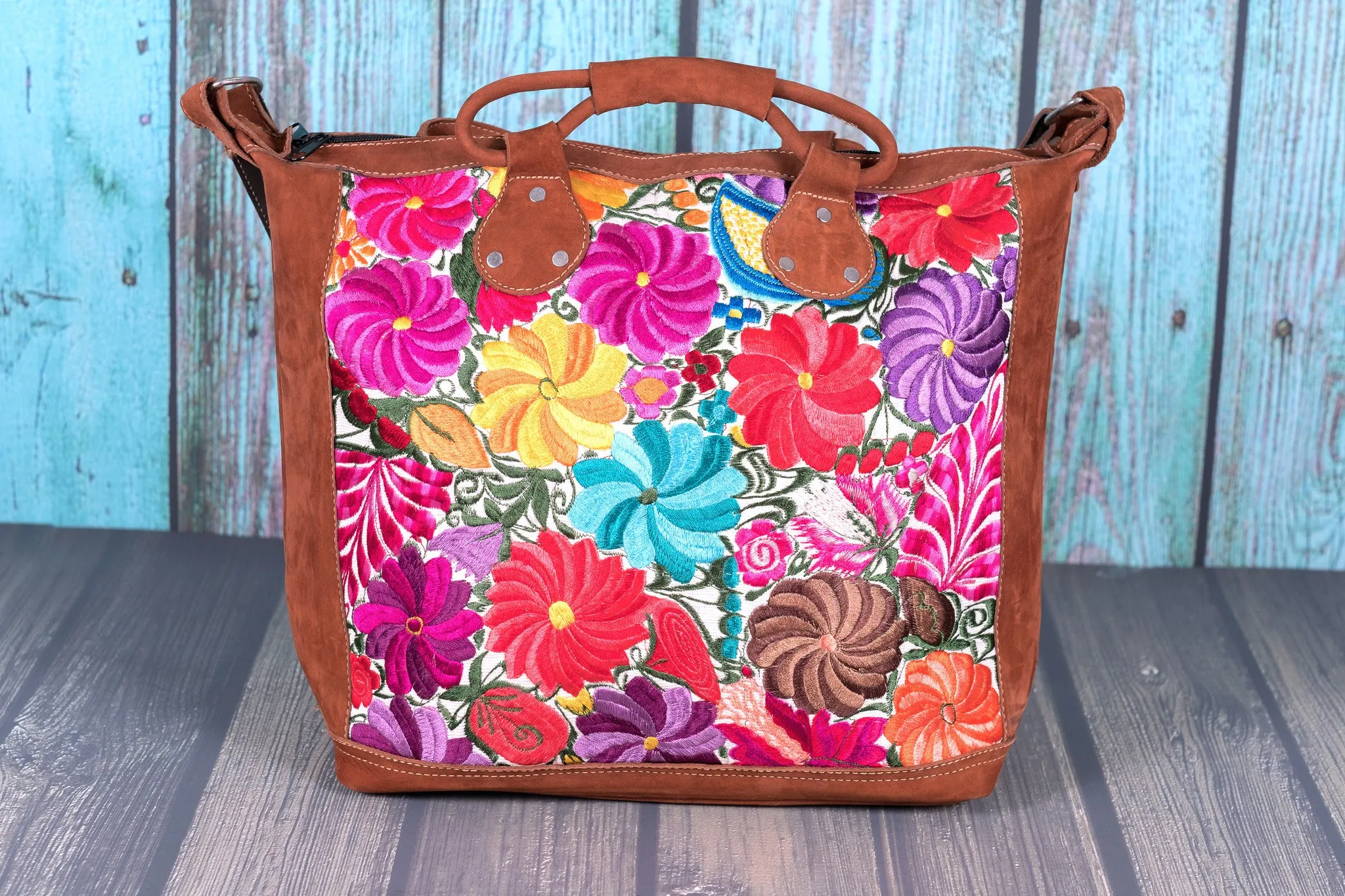 Huipil Overnighter Tote Bag Cross Body Embroidered Flowers