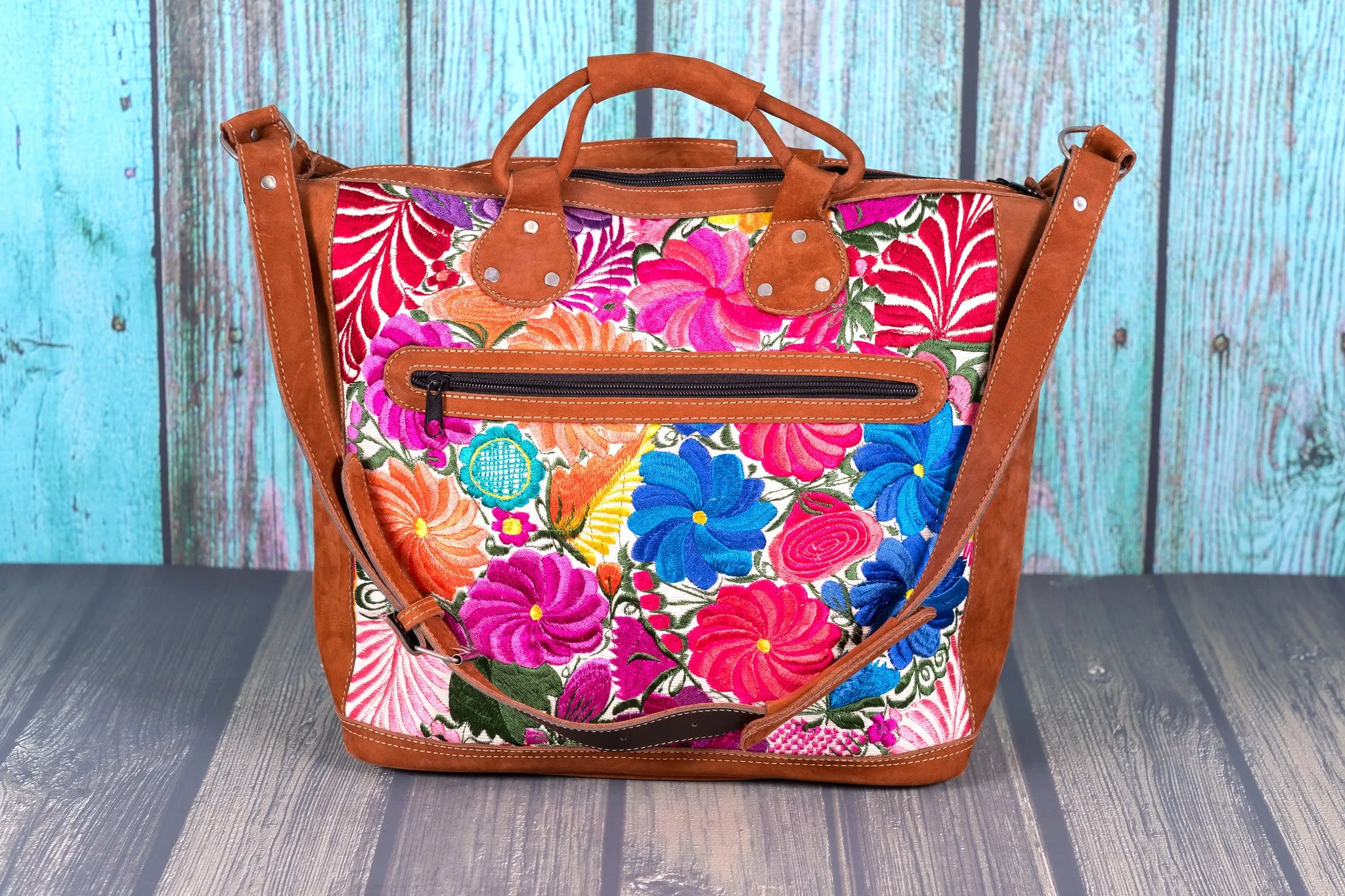 Huipil Overnighter Tote Bag Cross Body Embroidered Flowers
