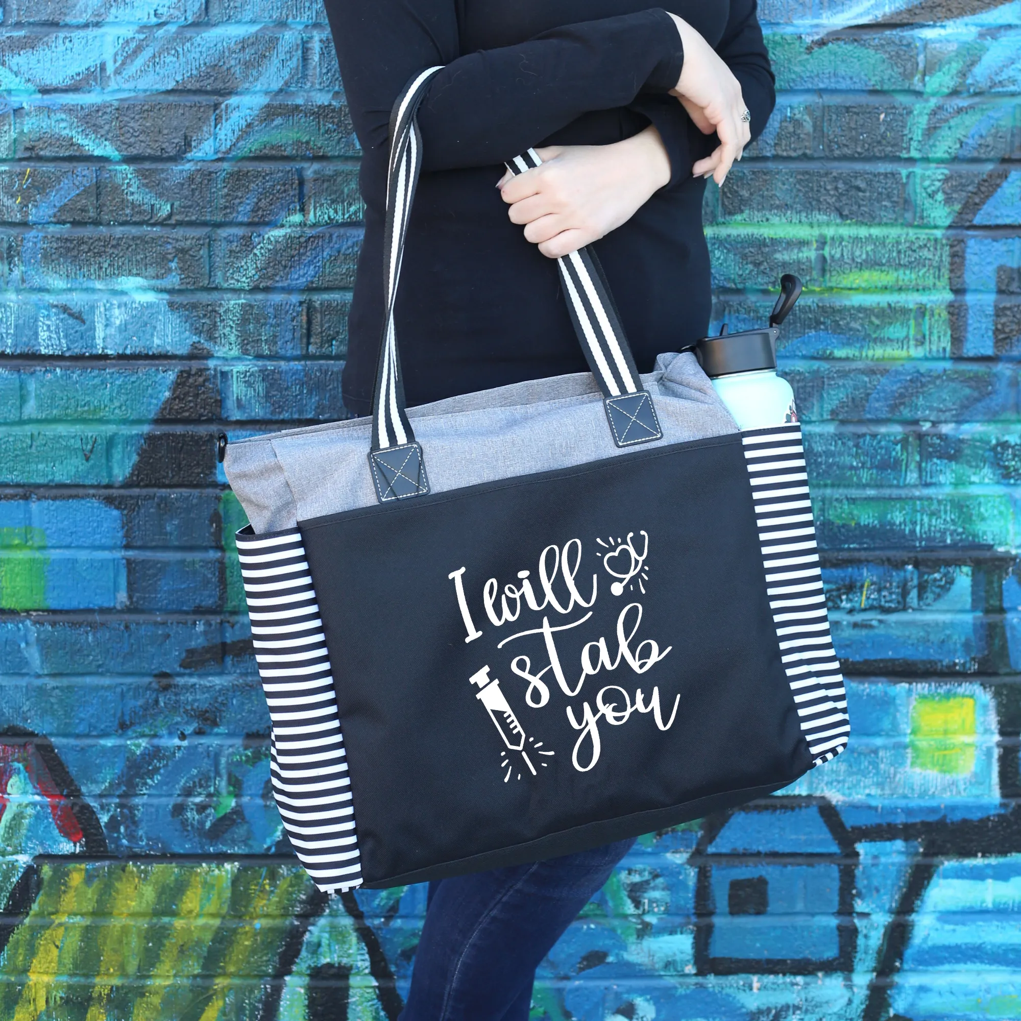 I Will Stab You Lou Lou Gray Tote Bag for Medical Workers