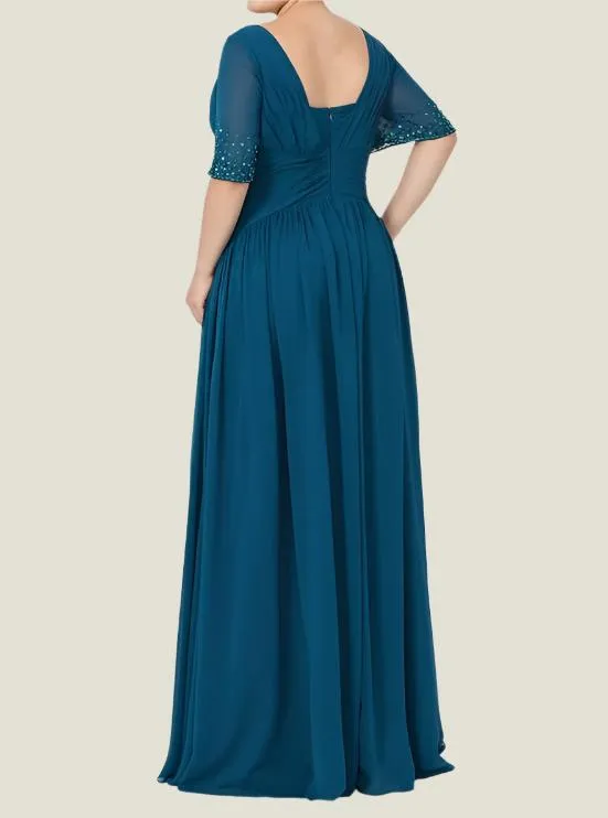 Ink Blue Half Sleeves Chiffon Long Mother of The Bride Dresses