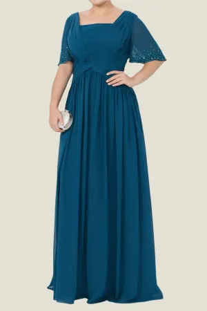 Ink Blue Half Sleeves Chiffon Long Mother of The Bride Dresses