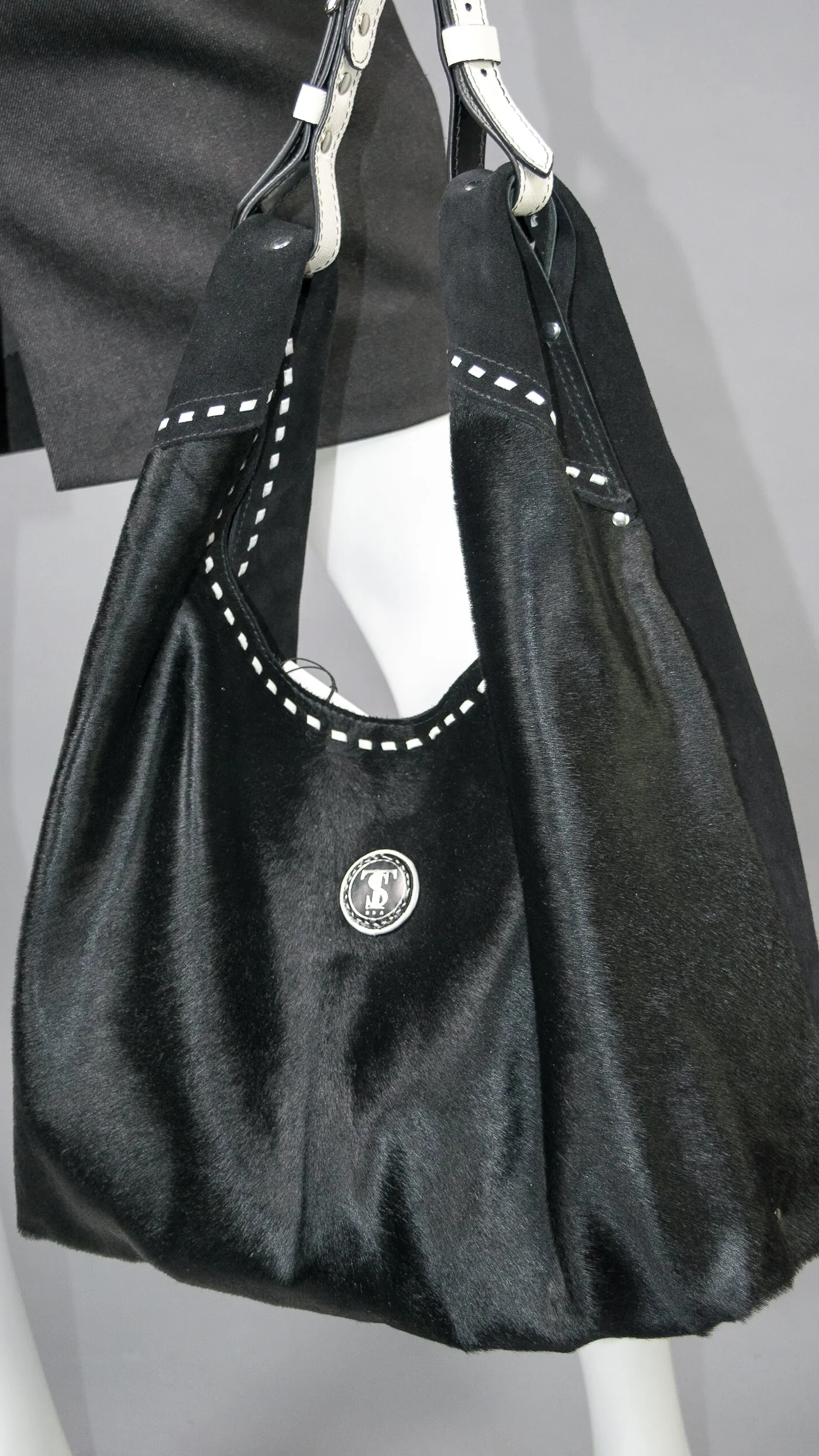 Jena Buckle Hobo Bag : Black Hair Calf and Suede Leather