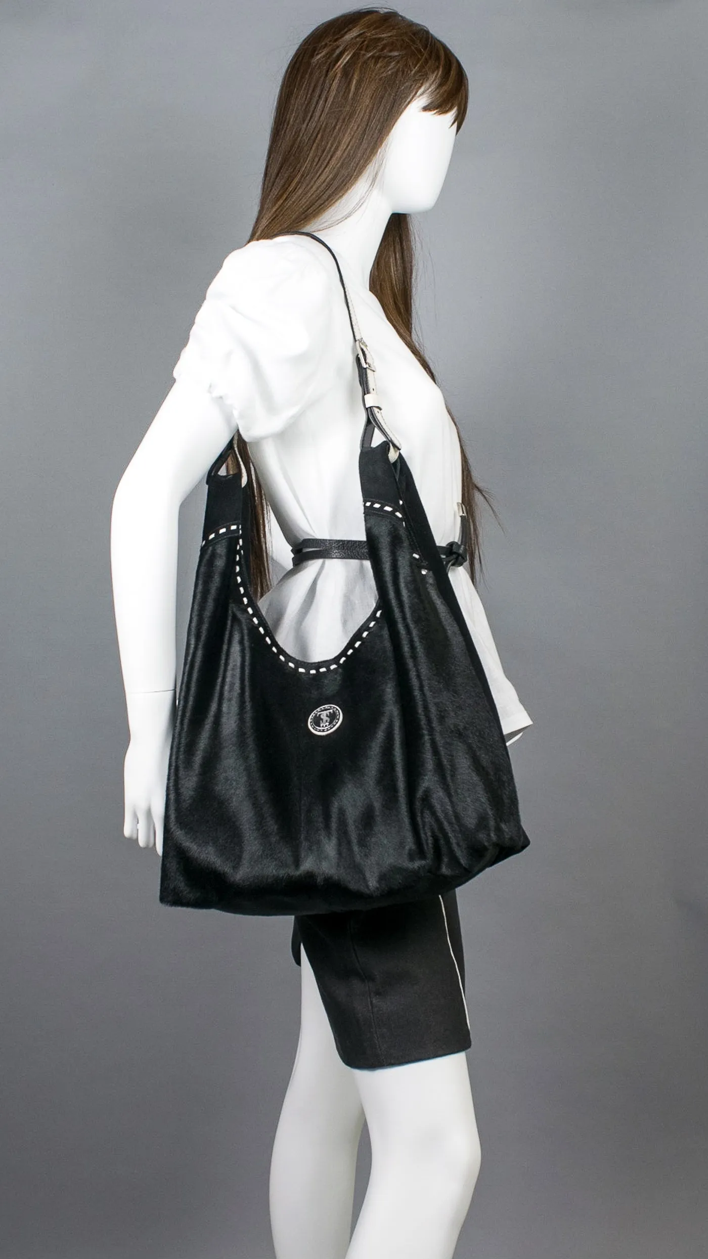 Jena Buckle Hobo Bag : Black Hair Calf and Suede Leather
