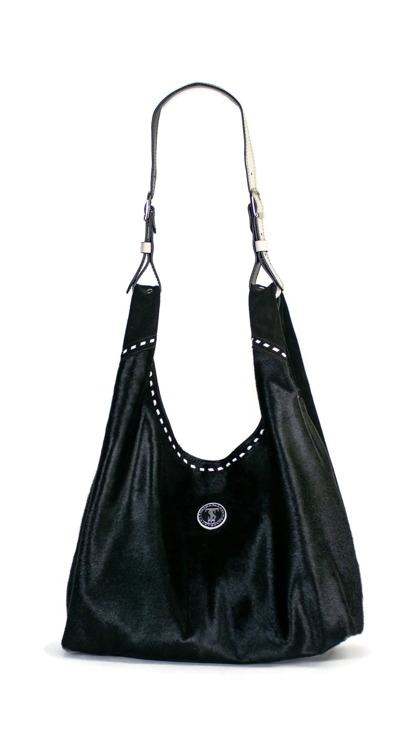 Jena Buckle Hobo Bag : Black Hair Calf and Suede Leather