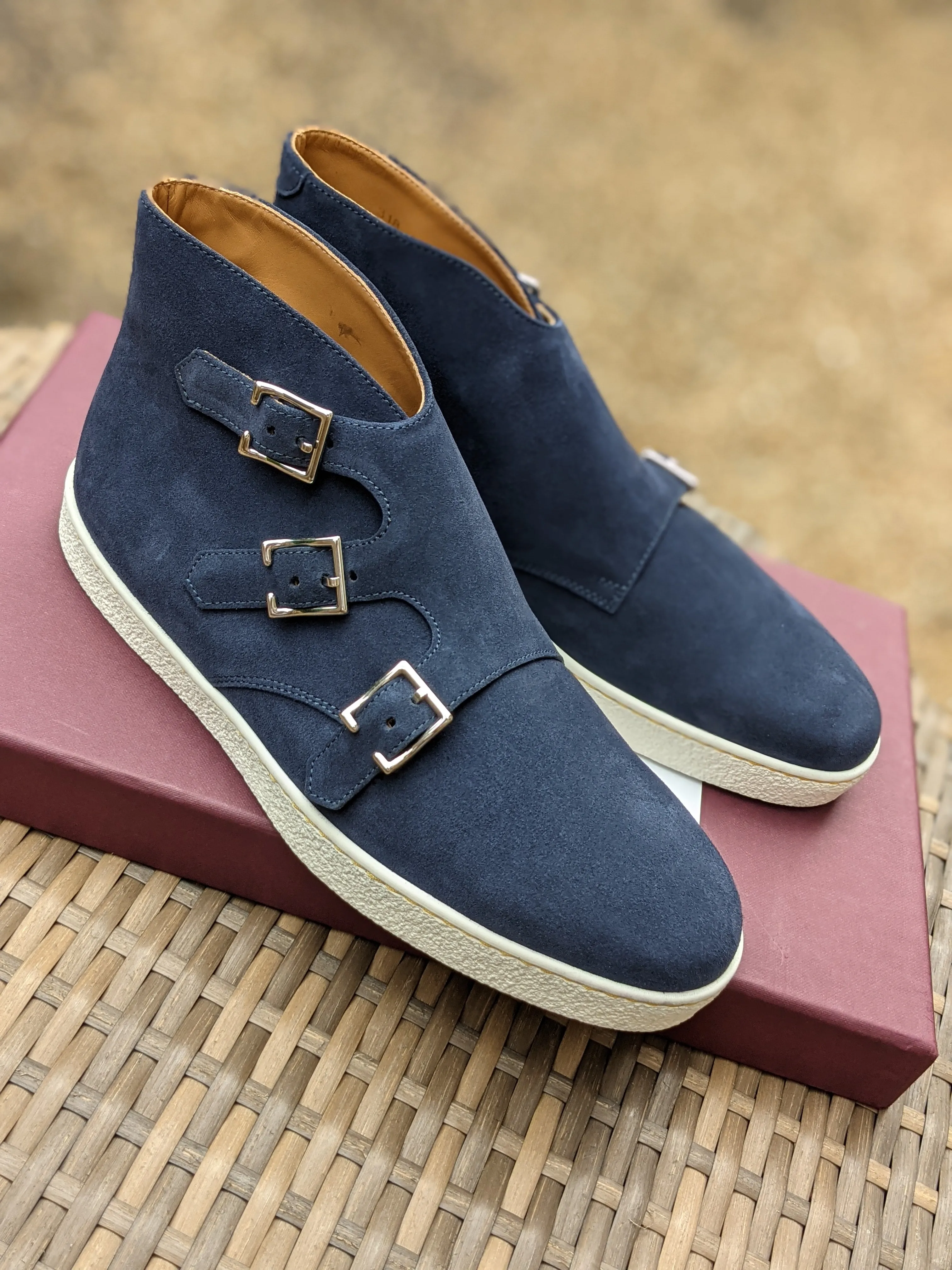 John Lobb - Howell Triple Monks - Blue Suede and White Sole - E fitting - Originally £995