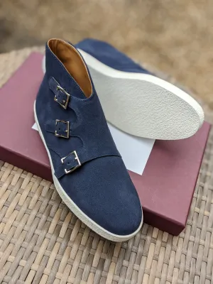 John Lobb - Howell Triple Monks - Blue Suede and White Sole - E fitting - Originally £995