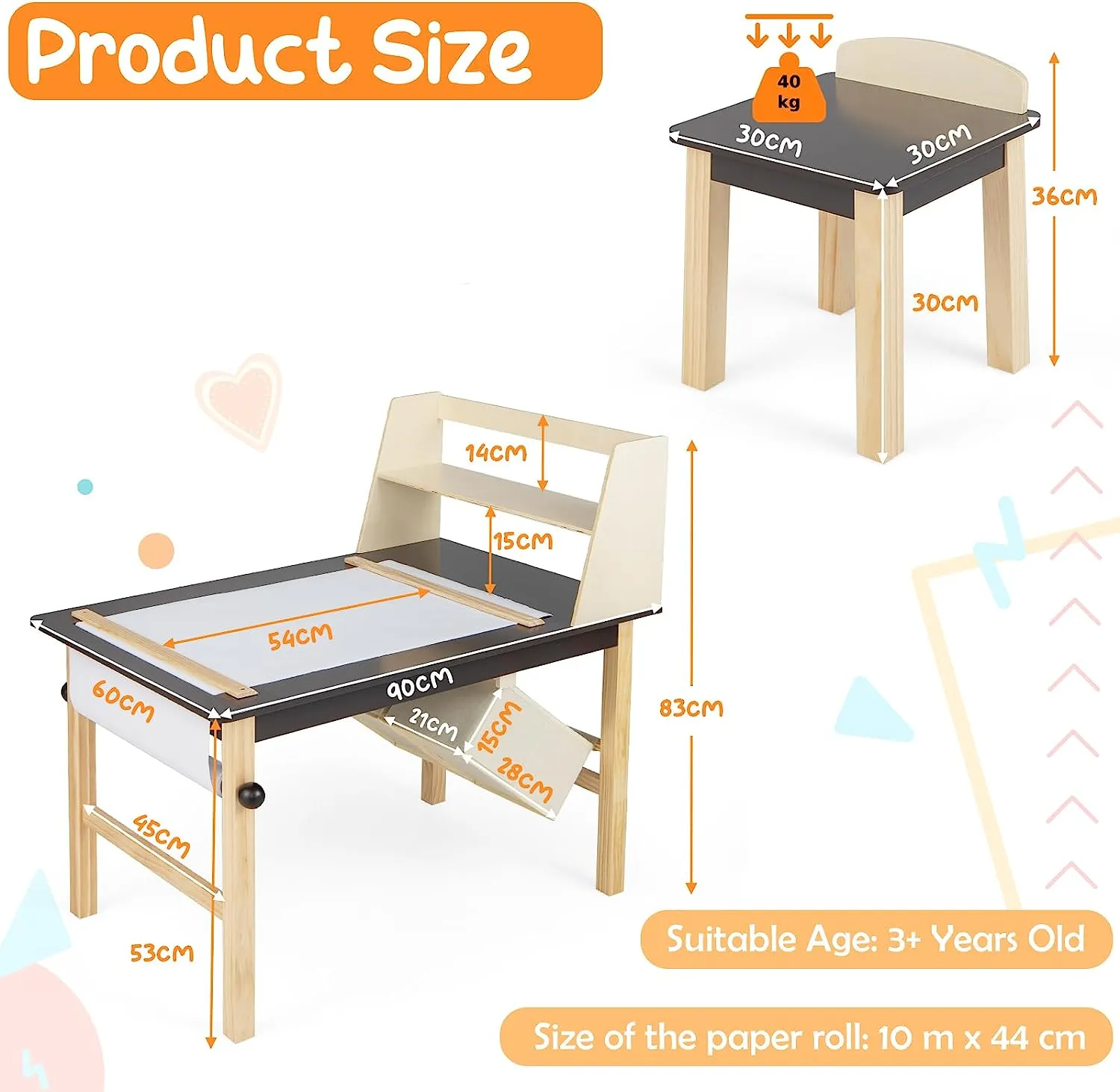 Kids Wooden Activity Table and 2 Chairs Set | Art Table for Kids | 2 Storage Bins with Paper Roll