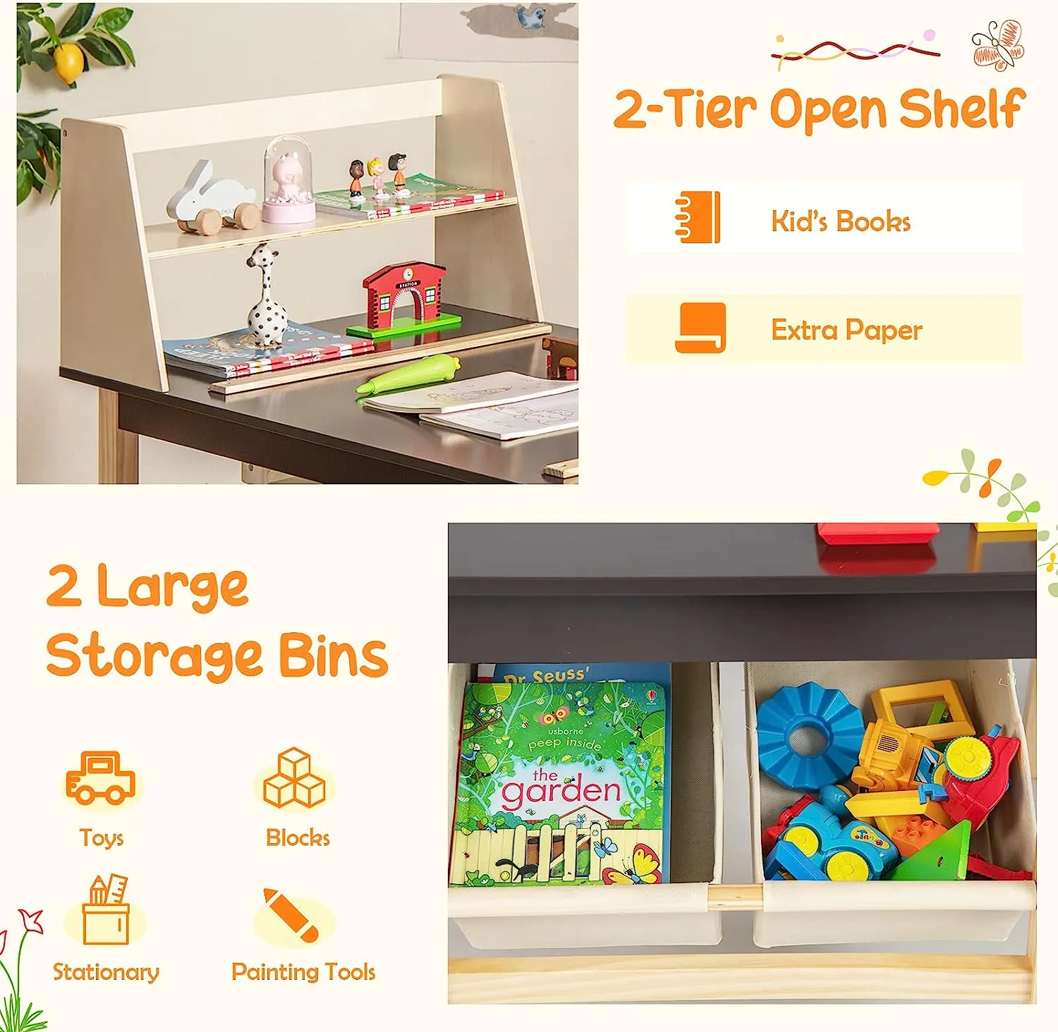 Kids Wooden Activity Table and 2 Chairs Set | Art Table for Kids | 2 Storage Bins with Paper Roll