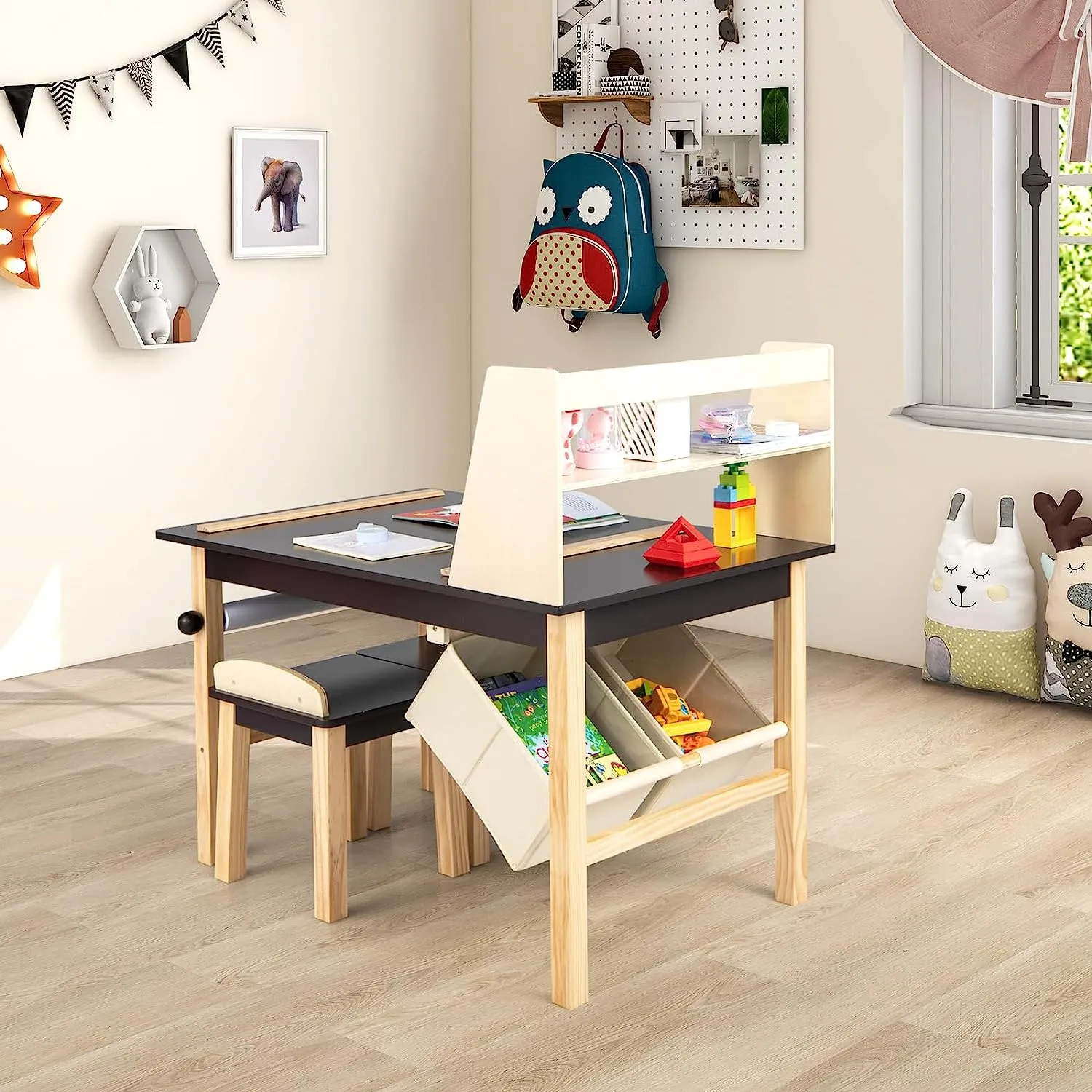 Kids Wooden Activity Table and 2 Chairs Set | Art Table for Kids | 2 Storage Bins with Paper Roll