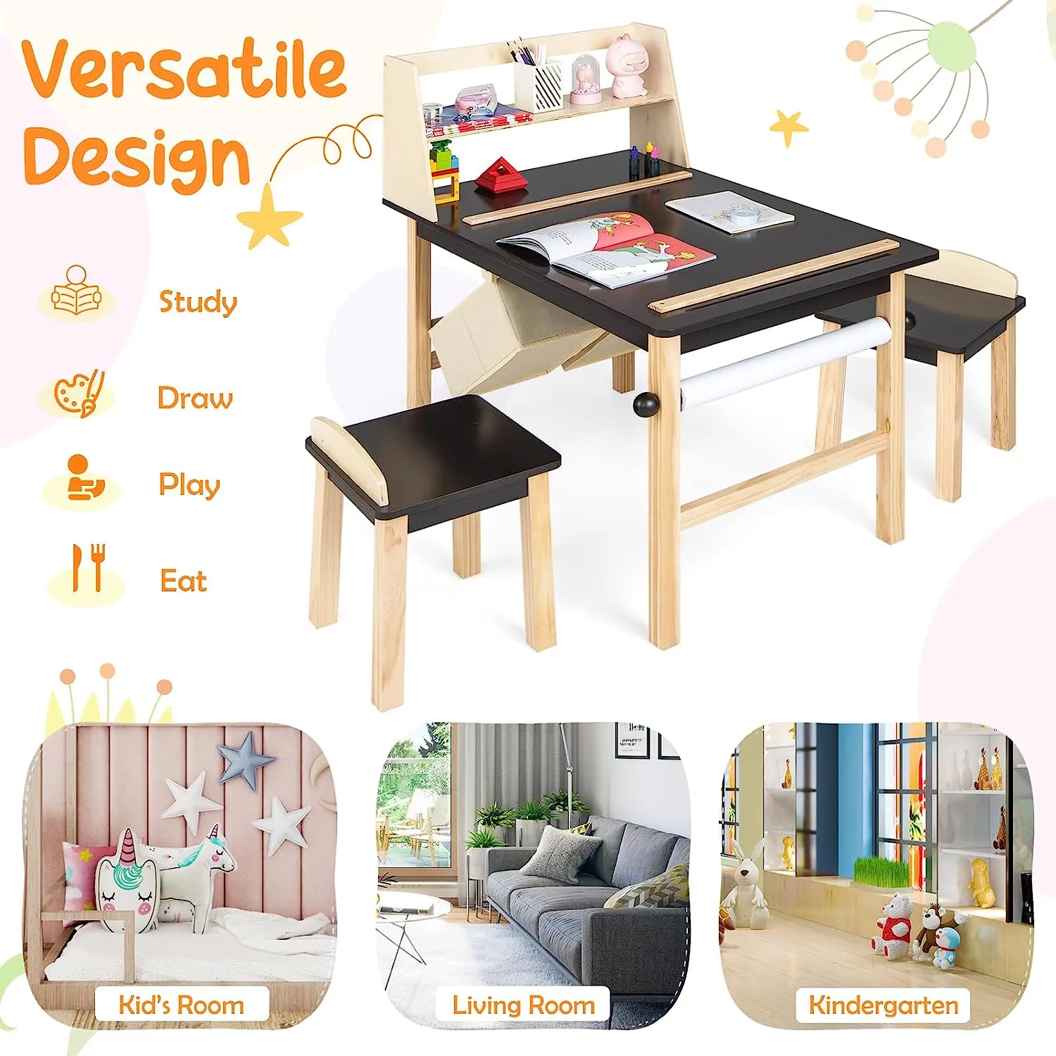 Kids Wooden Activity Table and 2 Chairs Set | Art Table for Kids | 2 Storage Bins with Paper Roll