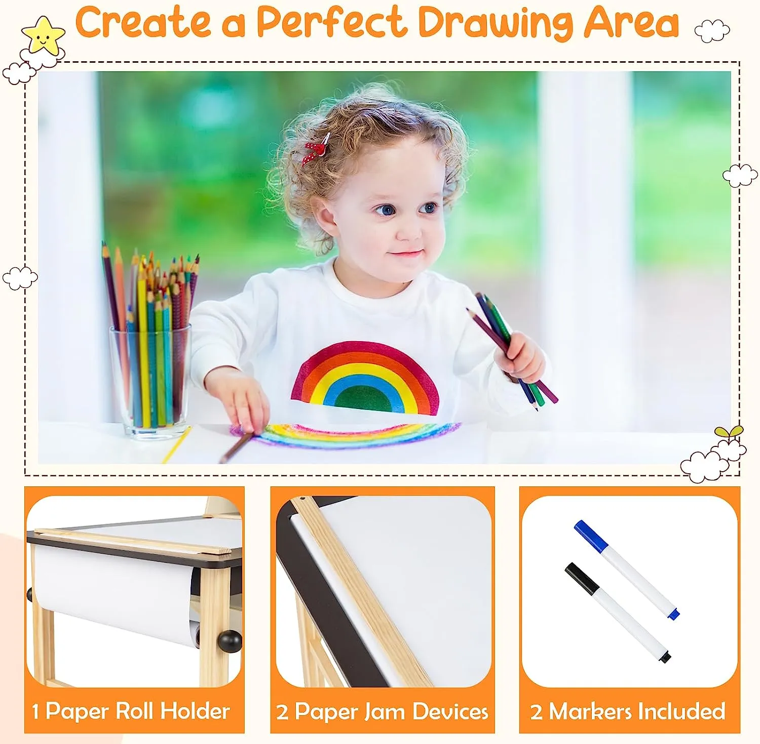 Kids Wooden Activity Table and 2 Chairs Set | Art Table for Kids | 2 Storage Bins with Paper Roll