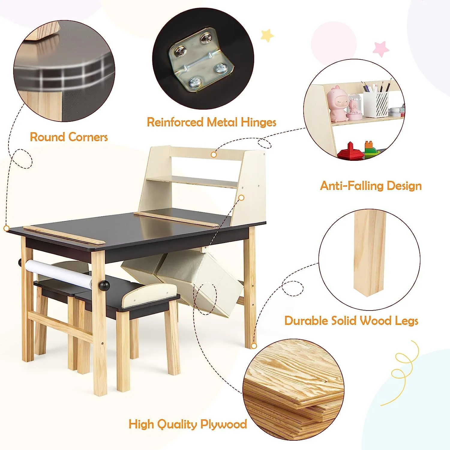 Kids Wooden Activity Table and 2 Chairs Set | Art Table for Kids | 2 Storage Bins with Paper Roll