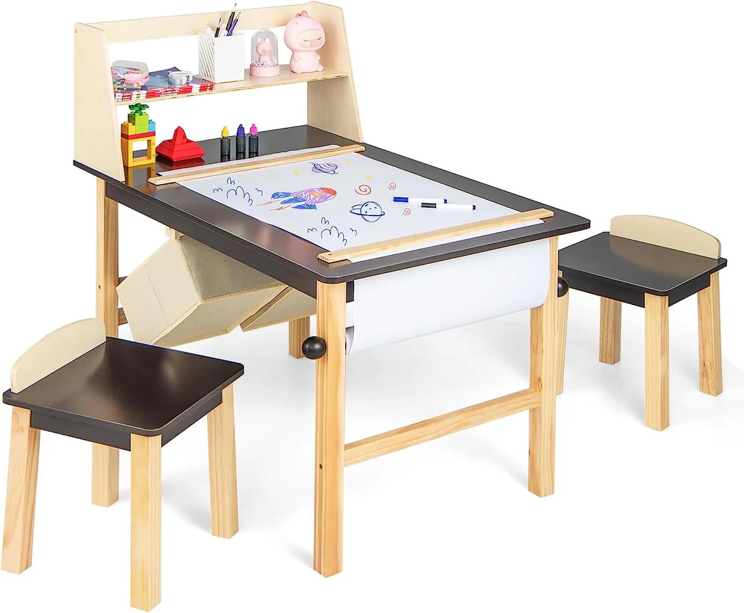 Kids Wooden Activity Table and 2 Chairs Set | Art Table for Kids | 2 Storage Bins with Paper Roll